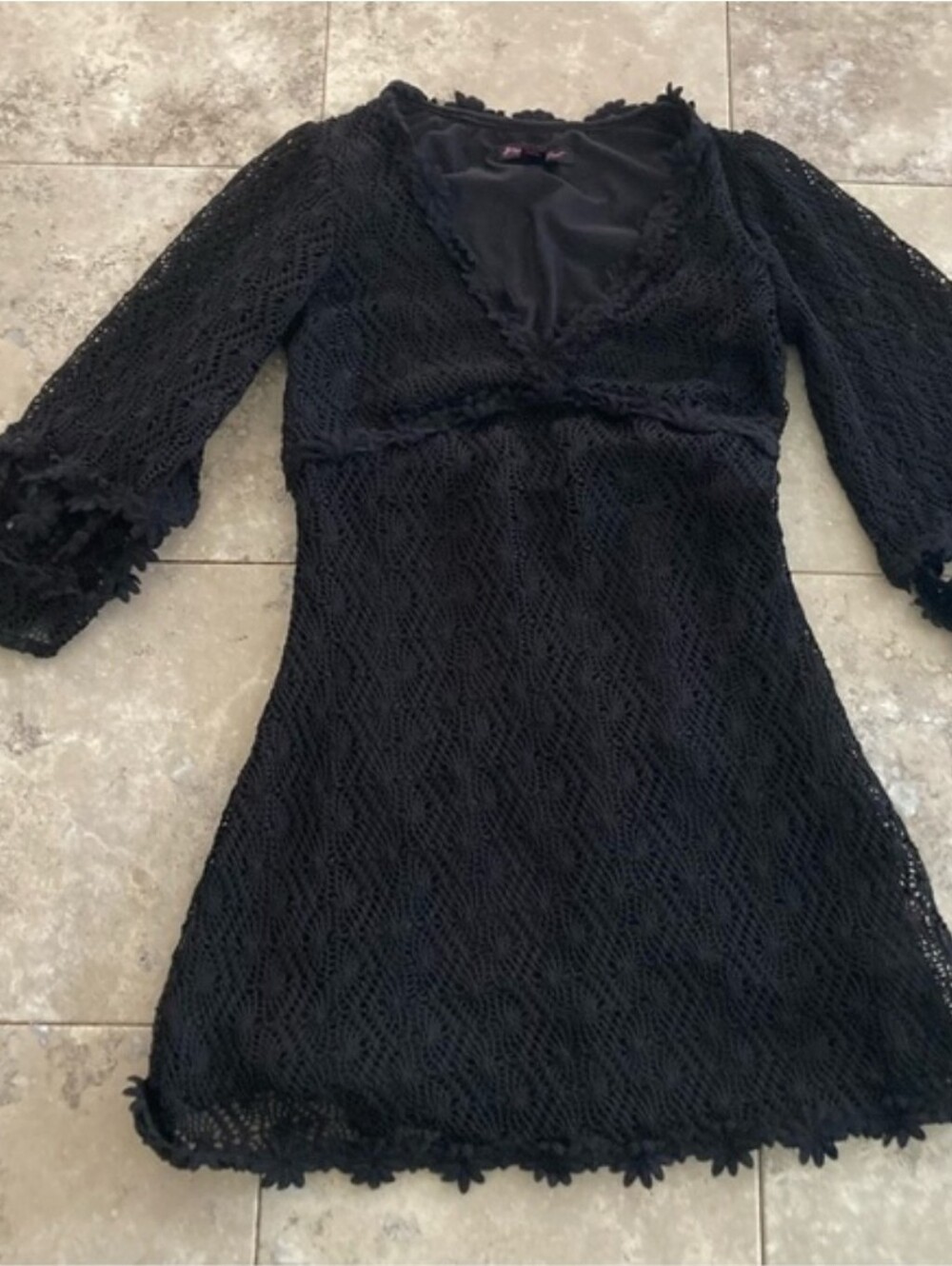 Betsey Johnson Dress Black Crochet Floral Long Sleeve Knit 2 Boho Glam Party